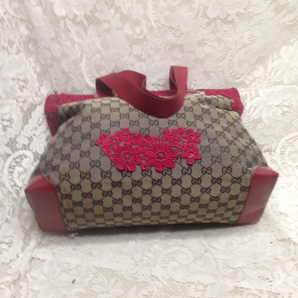 Vintage Gucci Black Mono Red Floral Tote Handbag - Picture 6 of 15